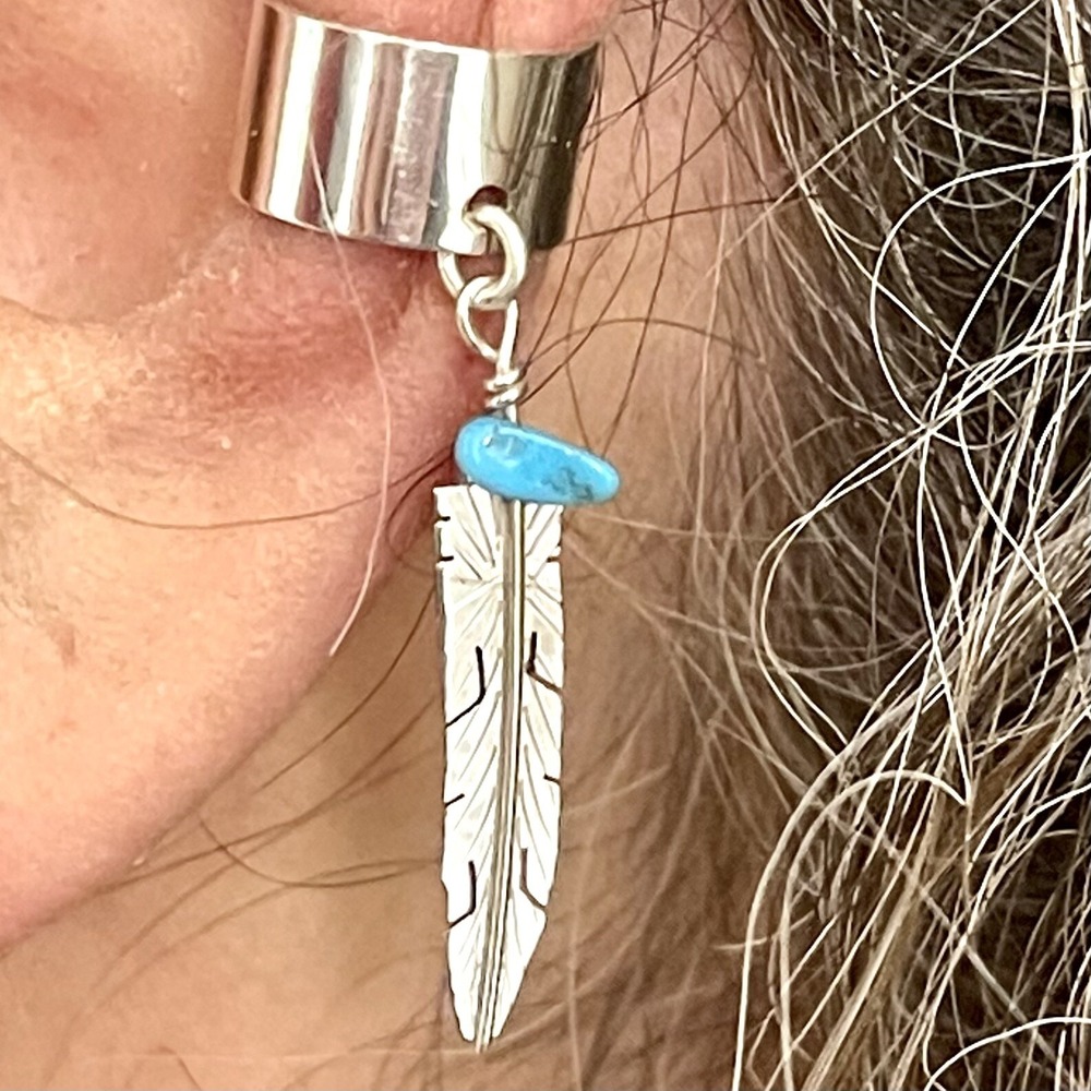 Navajo Feather Turquoise Ear Cuff Dangle Sterling‎ Wrap Earring Native American